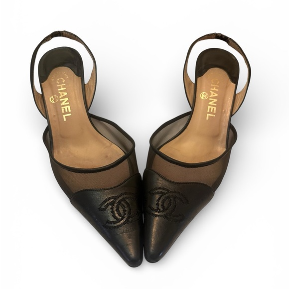 CHANEL Black Mesh Slingback Heels CC Logo Pointed Toe - Picture 3 of 10